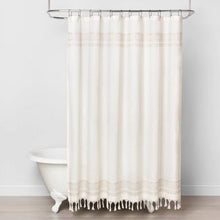 Load image into Gallery viewer, Embroidery Border Stripe Shower Curtain Taupe - Hearth & Hand with Magnolia