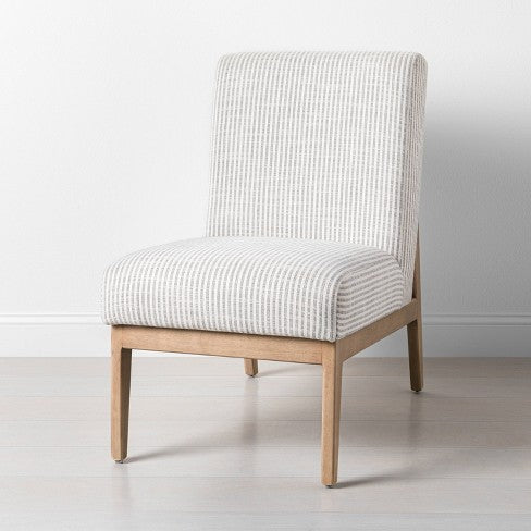 Upholstered Natural Wood Slipper Accent Chair Micro Stripe Gray Oatmeal Hearth Hand with Magnolia